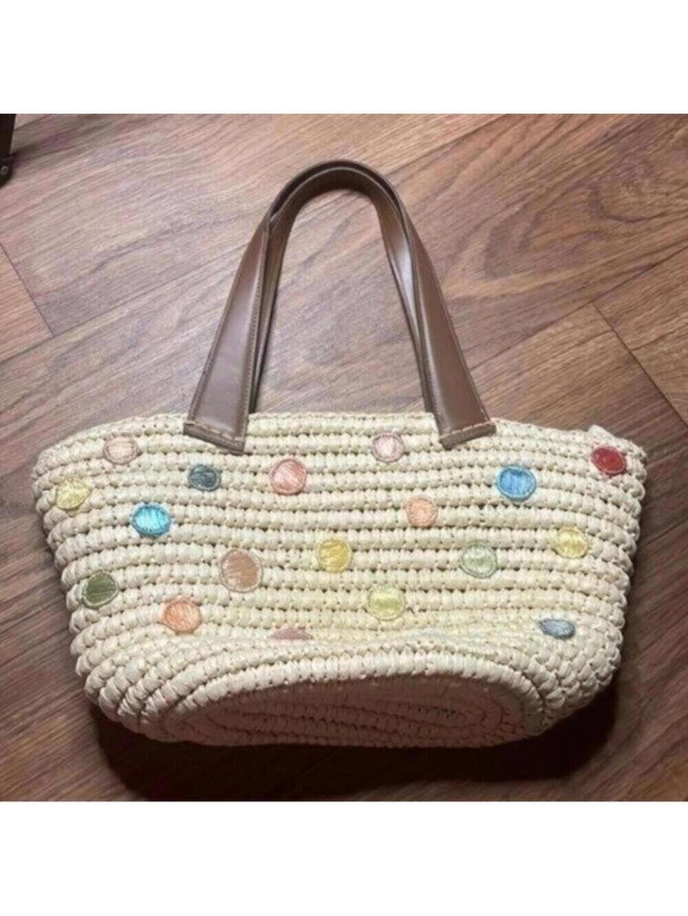 🇺🇸EUC capelli straw Raffia brown handled polka dot, purse bag